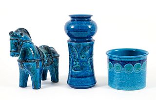 3 pieces Bitossi Rimini Blue Ceramics Horse Vessel Bucket