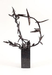 20th Century Modernist Bronze Figures and Birds Sculpture