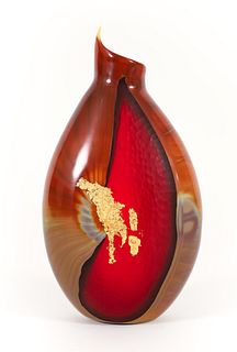 Tsuchida Yasuhiko 2000 Bamboo Vase with red glass and gold leaf