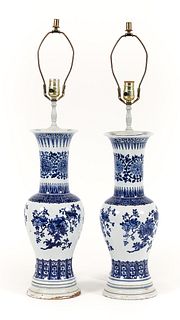 Pair of 1920s Chinese Blue and White Vase Lamps 