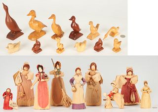 12 Brasstown Wood Carvings & 9 Folk Art Corn Husk Dolls