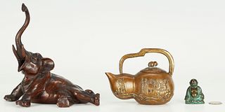 3 Asian Bronze Items, Elephant, Teapot & Buddha