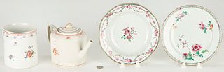 4 Chinese Export Famille Rose Porcelain Items: Tankard, Teapot & Plates