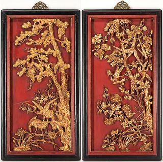 Pr. Antique Chinese Carved Giltwood & Lacquer Panels