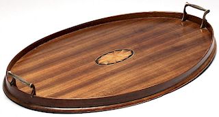 Walnut & Marquetry Serving Tray with Brass Handles
