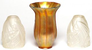 3 Antique Art Glass Lampshades including Quezal