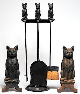Black Cat Fireplace Tools & Andirons Set, ca. 1920