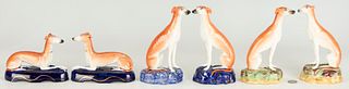 6 Staffordshire Pottery Whippets, incl. 2 Pen Holders