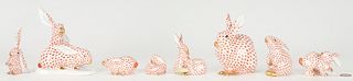 8 Herend Porcelain Rabbits, Red Fishnet Decoration incl. Bunnies with Corn