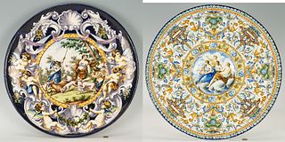 2 Italian Ceramic Chargers with Mythological Scenes, incl. Majolica