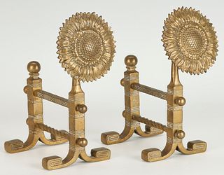 Pair of Aesthetic Movement Sunflower Brass Fire Dogs Tool Rests