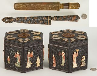 Pair of Chinese Lacquer Boxes & 2 Knives, Chinese & South American