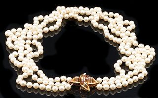 14K Gold & Diamond Anju 3 Strand Pearl Necklace
