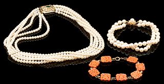 Multi-strand Pearl Necklace plus 2 Bracelets: Pearl, Coral (3 items)
