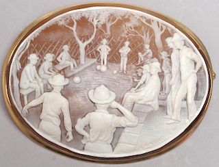 Large Italian 14K Carved Cameo, Men Playing Bocce