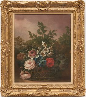19th C. English School Painting, Basket of Flowers
