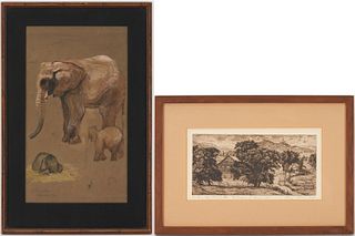 Two Works on Paper, Vienna Zoo Elephant W/C plus Lucioni Etching, Stowe Hollow/Vermont Farm