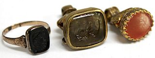 3 19th C. Signet Seals in Gold-Tone Metal Mounts
