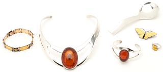 6 pcs. Ass. Sterling Silver, incl. David-Andersen Enameled & Mexican Baltic Amber Jewelry