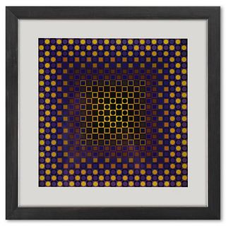 Victor Vasarely (1908-1997), "Alom (Purple/Yellow) de la sÃ©rie Folklore Planetaire" Framed 1971 Heliogravure Print with Letter of Authenticity