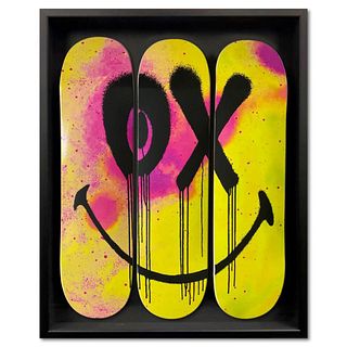 Andre Saraiva, "Mr.A Smiley" Framed Limited Edition Skateboard Triptych, Numbered and Plate Signed with Letter of Authenticity.