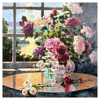 Marilyn Simandle, "Morning Roses" Hand Embellished Limited Edition on Canvas, Numbered and Hand Signed with Letter of Authenticity.