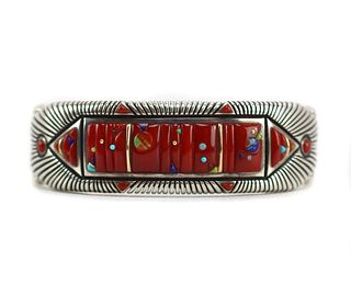 Raymond Yazzie - Navajo - Coral, Gold, and Silver Bracelet with Multi-Stone Inlay and Sunface Kachina Design