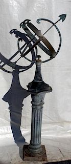 Verdigris bronze armillary sundial on pedestal