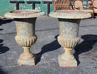 A pair of cast iron classical urns.
