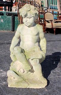 Italian cut Vicenza stone cherub and mythological dolphin statue / fountain