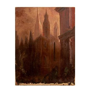 Original Oil on Canvas Painting, Gothic Cathedral at Dusk