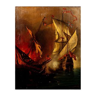 Original Oil on Canvas, Naval Galleon Battle Scene, Signed