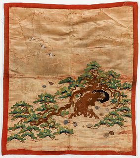 Asian Silk Embroidered Textile with Tree Birds and Shells