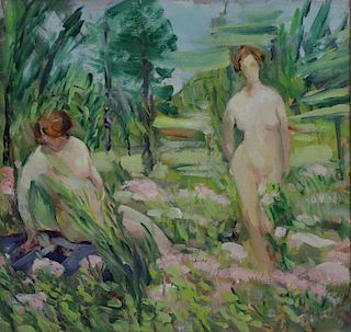 LAUTER, Flora. Oil on Board. Nudes in a Garden.