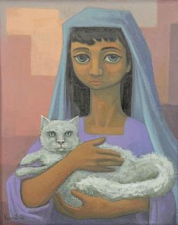VEZCALI, Luis. Oil on Canvas "Nina Con Gato" 1961.
