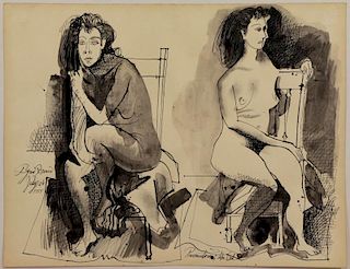 BROWNE, Byron. Ink on Paper. Two Seated Nudes.