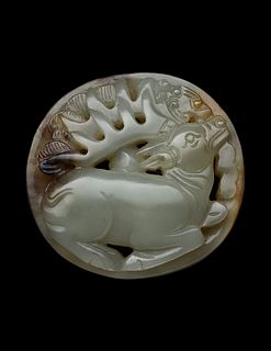Openwork Pendant Depicting a Deer Facing Skyward with a Bird Perched on His Snout, Qing Period (1644-1912 CE)
