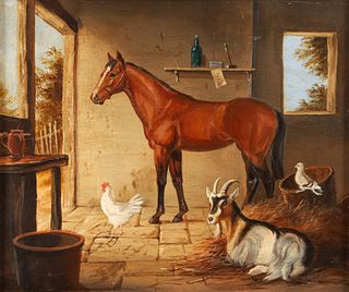 Late 19th C. Early 20th painting Inside the Stable