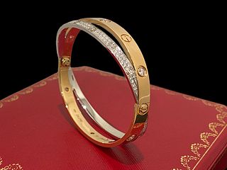 Cartier, Double 18K Rose & White Gold Diamond-Paved Love Bracelet with Diamonds Size 20