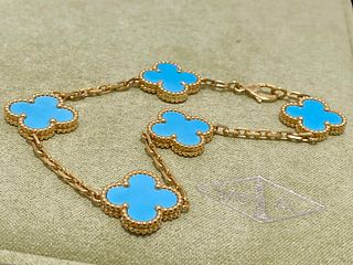 Van Cleef & Arpels Vintage Alhambra Bracelet 5 motifs 18k Yellow Gold & Turquoise