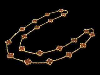 Van Cleef & Arpels 18K Yellow Gold & Carnelian Vintage Alhambra Necklace 20 Motifs 