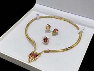 18K Yellow Gold Diamonds & Imperial Topaz Necklace Ring & Earrings Set