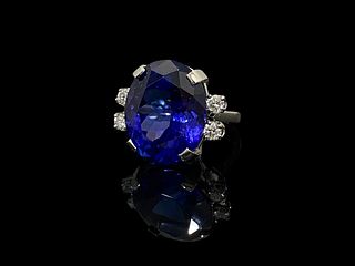 Estate Platinum and over 23CT Tanzanite Ring with Diamond Accents