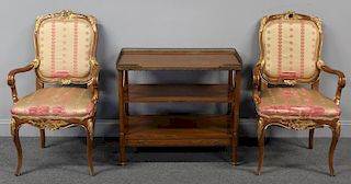 Pair of Louis XV Style Carved and Gilt Arm Chairs.