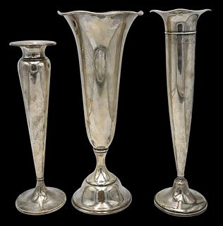 Three Tall Sterling Silver Trumpet Vases