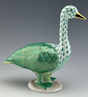 HEREND SIGNED GREEN Goose Hand Painted Porcelain Figurine.