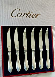 Cartier Sterling Silver & Stainless Steel Steak Knives set of 6 with Box