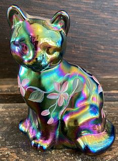Fenton Signed  Art Glass Carnival Glass Hand Painted Cat Figurine