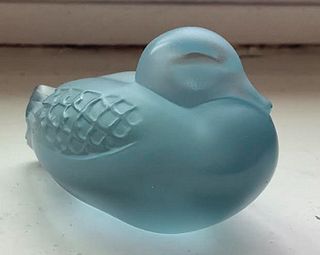 LALIQUE SIGNED ICE BLUE DUCK MADE IN FRANCE.