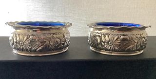 Sterling silver Stamped Sterling GM FORD Pair of salt cellars with Cobalt blue inserts